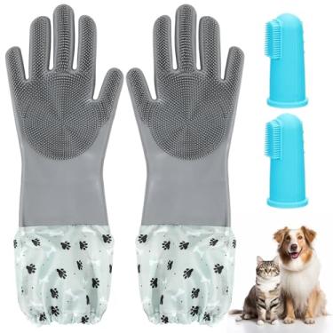 Imagem de 1 par de luvas longas de silicone para cuidados com cães com 2 escovas de dentes para animais de estimação, luvas antiderrapantes para remoção de pelos de animais de estimação, luva reutilizável para