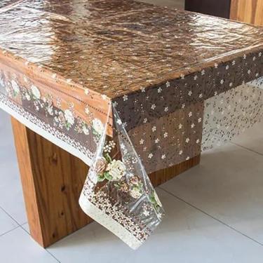 Imagem de Toalha de Mesa de Plástica Forro de mesa cristal estampada e impermeável, para mesas 4,6,8 cadeiras(Bege floral,1 metro)