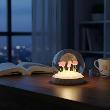 Imagem de Globo De Vidro Com Flores E Base De Bambu Iluminação Led Cúpula Transparente Estrutura Marrom-claro