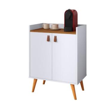 Imagem de Armário Aparador Buffet Cantinho do Café Hall de Entrada 2, 3 ou 4 Portas Pé Palito Puxador Couro MDP/MDF(Luana 2 Branco/Freijó)