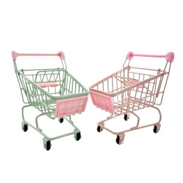 Imagem de 2 peças mini carrinho de compras pequeno carrinho de compras de metal utilitário de compras supermercado carrinho de mão carrinho de mão decoração de mesa, verde e rosa