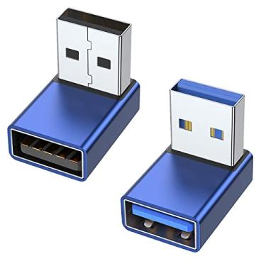 Imagem de AreMe Adaptador USB 3.0 de 90 graus, pacote com 2, extensor conversor USB A macho para fêmea com ângulo para cima e para baixo para PC, laptop, carregador USB A, carregador portátil e mais (azul)