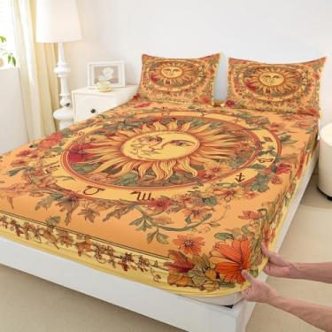 Imagem de Manfei Jogo de cama casal amarelo sol lua, flor vintage, 3 peças, capa de cama estética de constelação com 2 fronhas, decoração de quarto de crianças, meninos e meninas, roupa de cama macia (sem plano