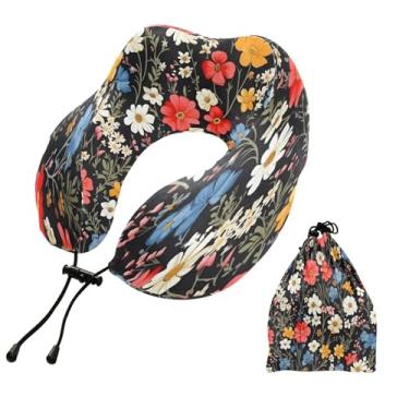 Imagem de CEBUGI Travesseiros de viagem portáteis em forma de U, travesseiro de pescoço de espuma viscoelástica com trava de corda ajustável para avião, viagem, trem, negócios, escritório, soneca (floral