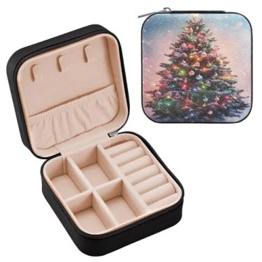 Imagem de Wassud Árvore de Natal com decorações estojo de joias de viagem para mulheres, meninas, senhoras, noiva, mini organizador de joias de couro PU, caixa quadrada de armazenamento de joias para brincos