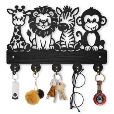 Imagem de MAYJOYDIY Porta-chaves de madeira girafa leão macaco zebra cabide para parede 29 × 19 cm suporte de parede de animais zoológicos com 5 ganchos de liga para entrada, cozinha, escritório, quarto