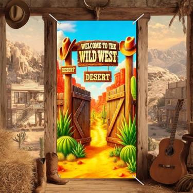 Imagem de BlissYard Capa de porta do oeste selvagem 188 x 89 cm placa de boas-vindas com portão aberto e vista do desfiladeiro do deserto paisagem de cacto estilo ocidental faixa rústica para celebração de