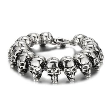 Imagem de Klapgo Pulseira masculina de caveira de aço inoxidável 316L gótico punk motociclista pulseira de elos de caveira para homens, joia de caveira de prata vintage presente para homens, aniversário de