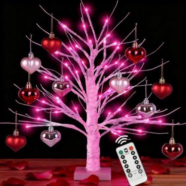 Imagem de [Temporizador] 61 cm, 72 cm, bétula iluminada com LED, 12 peças, ornamentos, 8 modos de iluminação, LED, luz de bétula, pré iluminada, para decoração de dia dos namorados (luzes LED rosa)