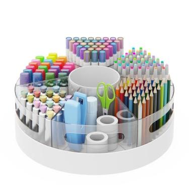 Imagem de CraftGenes Organizador giratório de caneta para mesa, base branca e suporte de caneta de acrílico, organizador de mesa giratório 360° com 7 compartimentos removíveis para escritório, casa, sala de