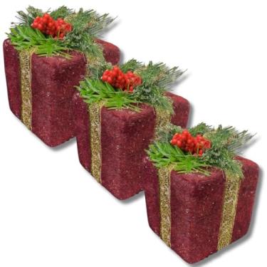 Imagem de 3 Caixinhas de Presente Enfeites Natalinos 8cm | Detalhes Dourados e Arranjo de Folhagens | Ideal para Decoração de Natal, árvore, Pinheirinho, Casa, Lareira, Mesa, Nichos e Kits Natalinos