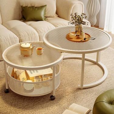 Imagem de Round Nesting Coffee Table set of 2, Glass Tabletop, Metal Frame, Hollow Mesh Basket Storage, Flexible Pulleys, Foot Pad Design, Suitable for Living Room and Bedroom(White,80*45+60*40cm/31*18+24*16in)