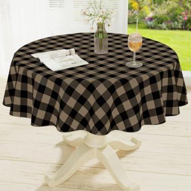 Imagem de misaya Toalha de mesa redonda de vinil impermeável, toalha de mesa de flanela de búfalo, capa de mesa de plástico limpa para jantar, cozinha, piquenique (152 cm, preta e cáqui)