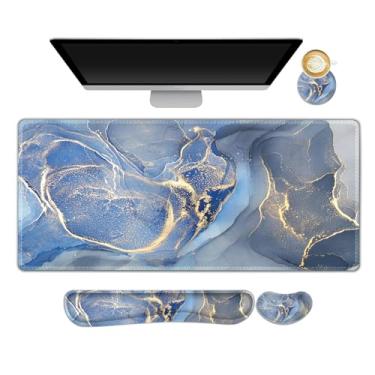 Imagem de ARTSO Mouse pad ergonômico grande e descanso de pulso para teclado, almofada de mesa de mármore azul para teclado e mouse, mouse grande para jogos de jogos com suporte de pulso para jogos de trabalho
