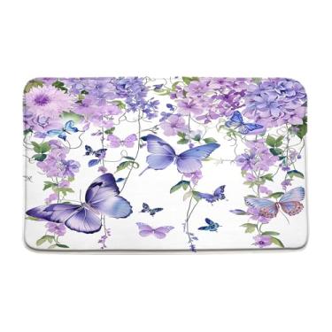 Imagem de KDYDK Tapete de banho floral roxo primavera lavanda e borboleta casa de fazenda rústica aquarela flor planta natureza jardim espuma memória tapete de banheiro decoração de quarto capacho 45 x 75 cm