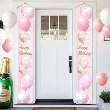Imagem de BlissYard Banner de porta de aniversário 30,5 x 182 cm placa de balão rosa com balões de glitter transparentes, letra de feliz aniversário, confetes brilhantes dourados para decoração de pendurar em