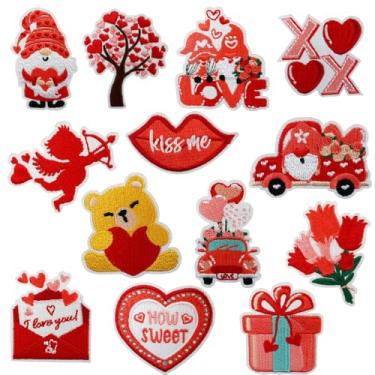 Imagem de 13 pacotes de adesivos para o Dia dos Namorados com bordado de coração vermelho, cupido, lábios, anão, urso, rosa, design romântico, remendos de reparo, faça você mesmo, para roupas, jaqueta, jeans