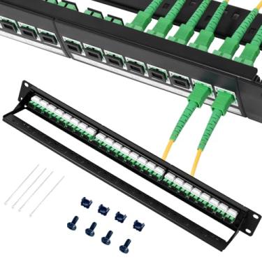 Imagem de Xunsomten Patch Panel de fibra 1U com 24 LC OS2 adaptadores de fibra óptica monomodo acopladores Keystone Jack modular com Keystone branco em linha, conectores de modo único para racks padrão de 48.3