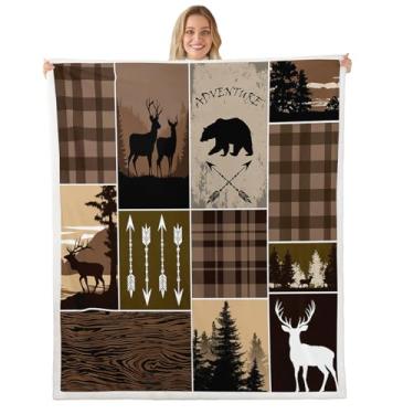 Imagem de Cobertor rústico de patchwork, cobertor de lã de ovelha xadrez de búfalo para crianças, cobertor de lã de urso de floresta marrom floresta, alce, pinheiro, cobertor de flanela, decoração de casa de