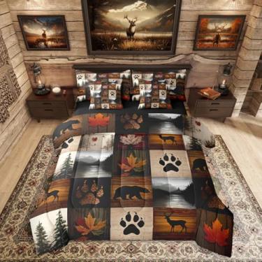Imagem de Erosebridal Conjunto de edredom queen xadrez de urso, 7 peças, retrô, caça, veado, campo, bosque, pinheiro, para crianças, adolescentes e adultos, conjunto de cama de chalé com estampa de pata de