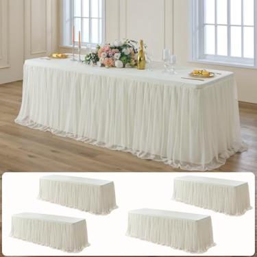 Imagem de leegleri Pacote com 4 toalhas de mesa de tule marfim de 2,4 m para mesas retangulares, capas de mesa creme 2 em 1 com saia de tule, toalhas de mesa de tule elásticas sem rugas, adequadas para festas