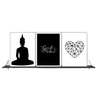 Imagem de Kit 3 Quadros Zen Buda Good Vibes 33x24cm - Madeira Branca