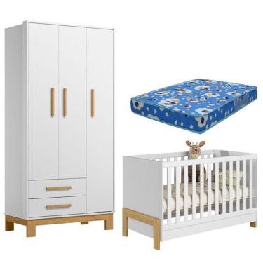 Imagem de Berço Americano 4300 Mini Cama Fantasia E Guarda Roupa Infantil Q Encanto Slim 4340 Branco Acetinado Com Colchão
