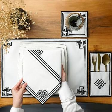Imagem de Jogo americano bordado com design de pergaminho preto, tapetes de mesa de linho branco com borda decorativa, elegante conjunto de roupa de mesa de jantar, jogo americano islâmico, Granada para 6