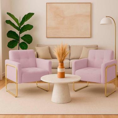 Imagem de Poltrona Sala Industrial Alta Tubo Dourado Kit 2 Elisa Bouclê D03 - D'rossi Cor Rose