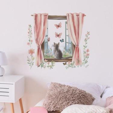 Imagem de Adesivos de parede Cat Window View Cute Kitten Watching Butterfly - yi