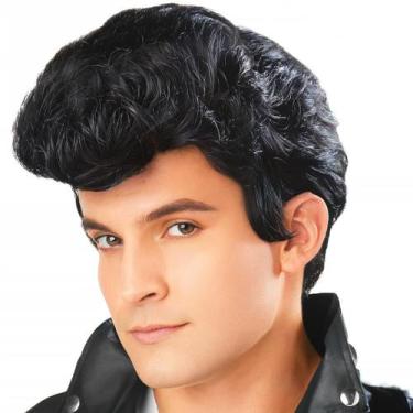 Imagem de Peruca preta Rockabilly Cosplay resistente ao calor de 18 cm para home