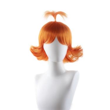 Imagem de Peruca de cosplay laranja curta encaracolada com rabo de cavalo superi