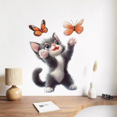Imagem de Adesivos de parede Cute Cat and Butterfly Cartoon Kitty PVC - yiweisai