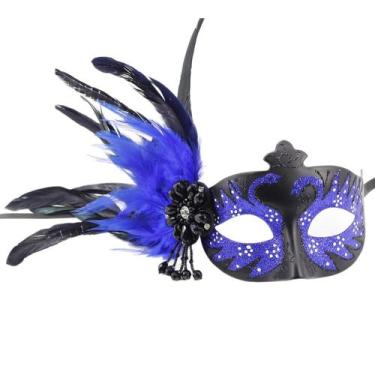 Imagem de Máscara de máscara com design de glitter azul e preto emplumado - yiwe