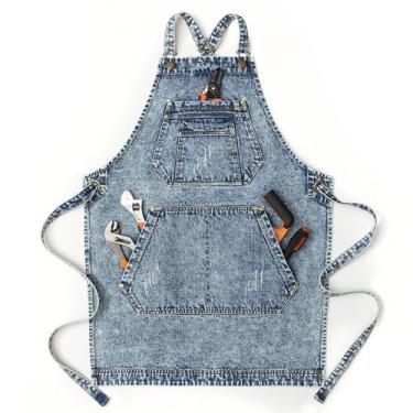 Imagem de Avental de trabalho: jeans lavado com vários bolsos, unissex, 80x63cm 