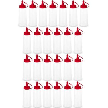Imagem de 25 Frascos para Molhos Bisnagas Plásticas 250ml para Lanchonete Bar Ketchup Tampa Vermelha