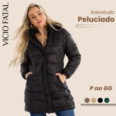 Imagem de Sobretudo Feminino Nylon Matelassê Forrado Inverno Peluciado Botões e Zíper Cintura Ajustável-Feminino