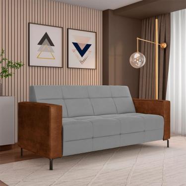 Imagem de Sofá Living Decorativo Houston 2 Lugares 200cm Pés em Metal Veludo/ PU Cinza/ Marrom G33 - Gran Belo