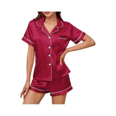 Imagem de Conjunto De Pijamas De Seda Satinada Feminino 2 Peças Com Botões, Roup