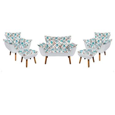 Imagem de Kit 01 Namoradeira 02 Poltronas 02 Puffs Estampado Pés Palito