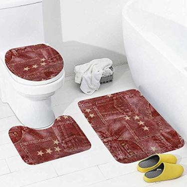 Imagem de Conjunto de 3 peças de tapetes de banheiro com estampa de retalhos de brim vermelho, tapete de banheiro de espuma viscoelástica, lavável, antiderrapante, tapete de contorno e tampa para banheiro