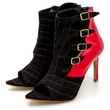 Imagem de Sapato Feminino Ankle Boot 6011 Suede Preto e Napa Verniz Vermelha Lançamento  feminino