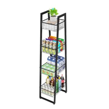 Imagem de Simple Trending Cesta de frutas e vegetais de 4 camadas, organizador de armazenamento de cozinha de arame de metal sobre rodas para pão e cebola, batatas, preto