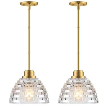 Imagem de Fivemengo Pacote Com 2 Luminárias Pendentes De Vidro Para Ilha Cozinha, 8,7" (22,5 Cm), Modernas Douradas, Iluminação Suspensa Latão Sobre A Pia, Sala Jantar, Quarto E26