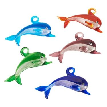 Imagem de Spritewelry Pingentes de golfinho de vidro, 5 peças feitas à mão, pingentes de golfinho, pingentes de peixe do oceano para fazer joias, colar faça você mesmo, brinco chaveiro