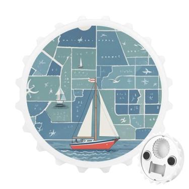 Imagem de Abridor de garrafa magnético redondo ímãs de geladeira náutico impressão de mapa de veleiro abridor portátil abridor de cerveja engraçado ímãs de geladeira decorativos para casa, bar, cozinha