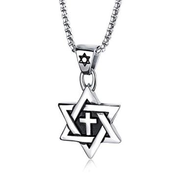Imagem de Rockyu Colar masculino com cruz de estrela de Davi, pingente hexagrama prata de aço inoxidável, estilo vintage, 61 cm, joia cristã judaica religiosa