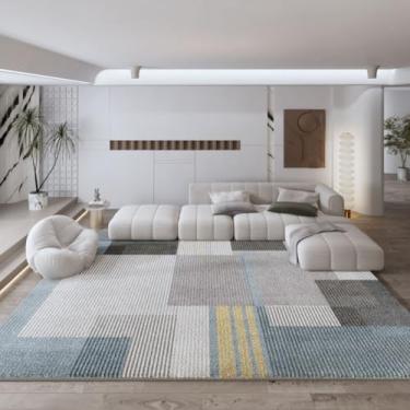 Imagem de Ldiuttu Tapete grande macio lavável 200 x 250 cm tapetes retangulares para sala de estar, quarto, sala de jogos, escritório, sala de jantar, decoração de casa, tapete moderno geométrico azul cinza