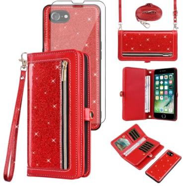 Imagem de Asuwish Capa de celular para iPhone 7/8/SE 2020/2022 carteira com zíper com alça protetora de tela brilhante iPhone7 iPhone8 7s 8s i SE2020 SE2022 2/2nd/3/3ª geração SE2 SE3 7SE 8SE vermelha