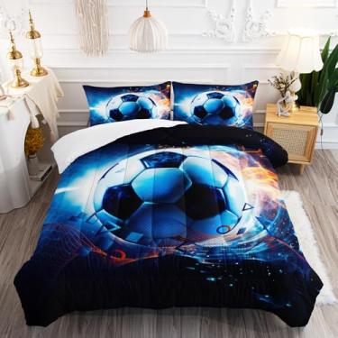 Imagem de AILONEN Jogo de cama casal, conjunto de edredom de futebol esportivo, tema esportivo de bola para crianças, adolescentes e adultos, colcha de microfibra macia com 2 fronhas, 3 peças